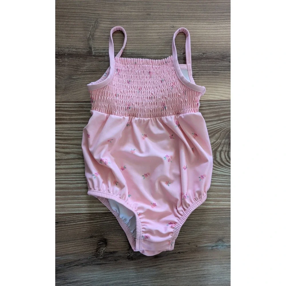 OshKosh B'gosh Girls 18M Pink Floral Smocked Snap Tank 1 Piece Swimsuit